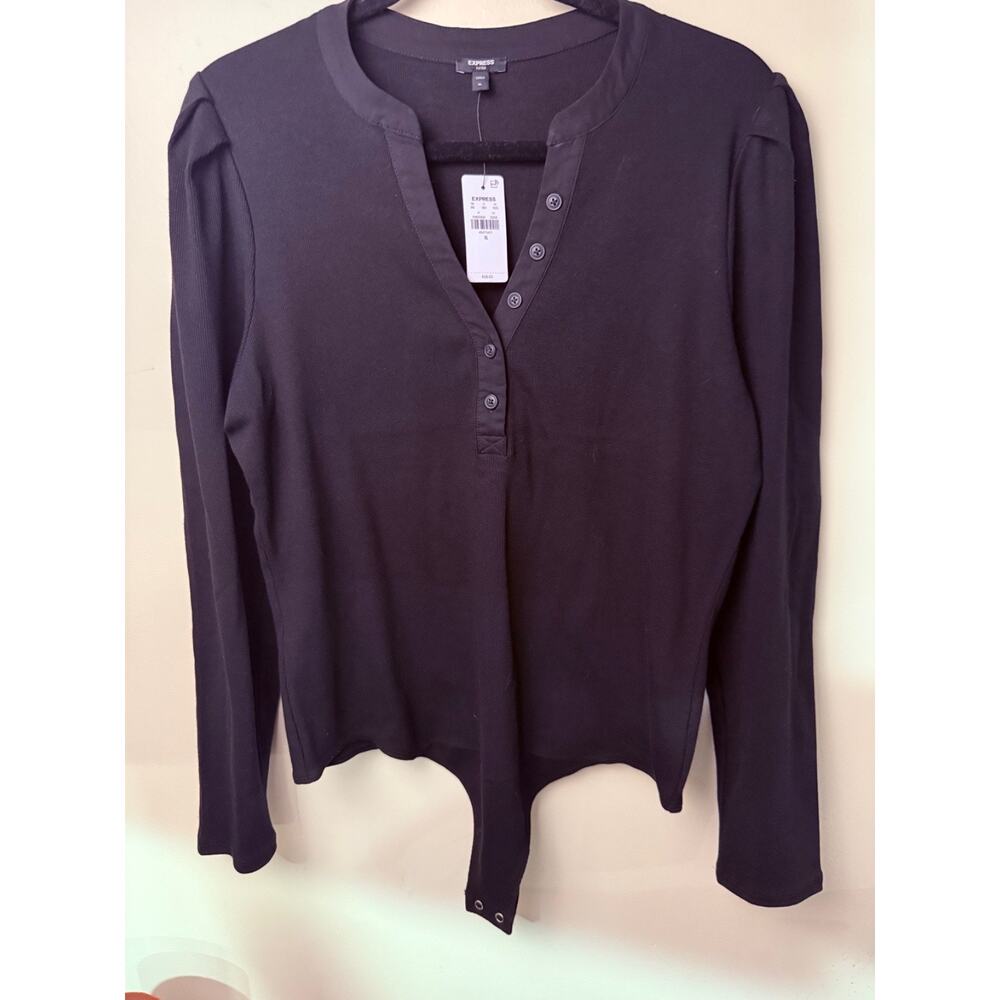 Express Ribbed Puff Sleeve Bodysuit Size XL Black NWT Minimalist Basic Work Fall - Picture 2 of 9